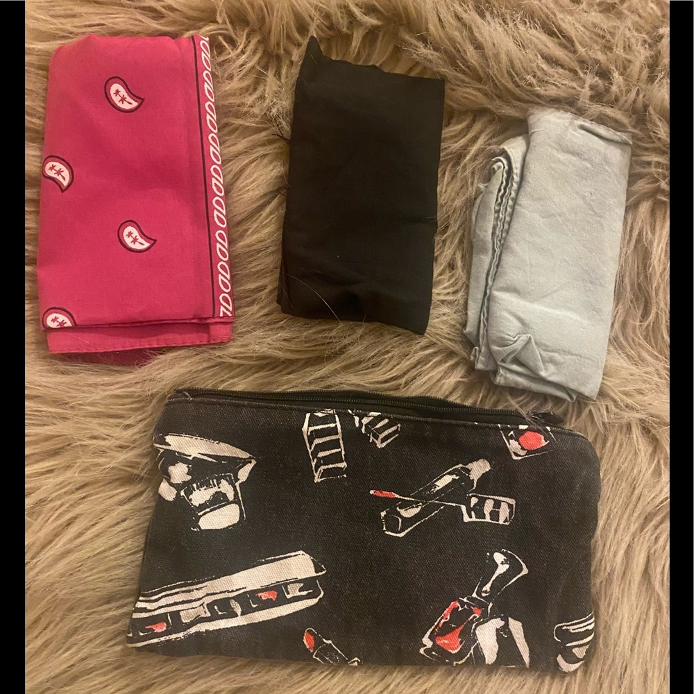 Sephora cosmetics case and three hair bandanas